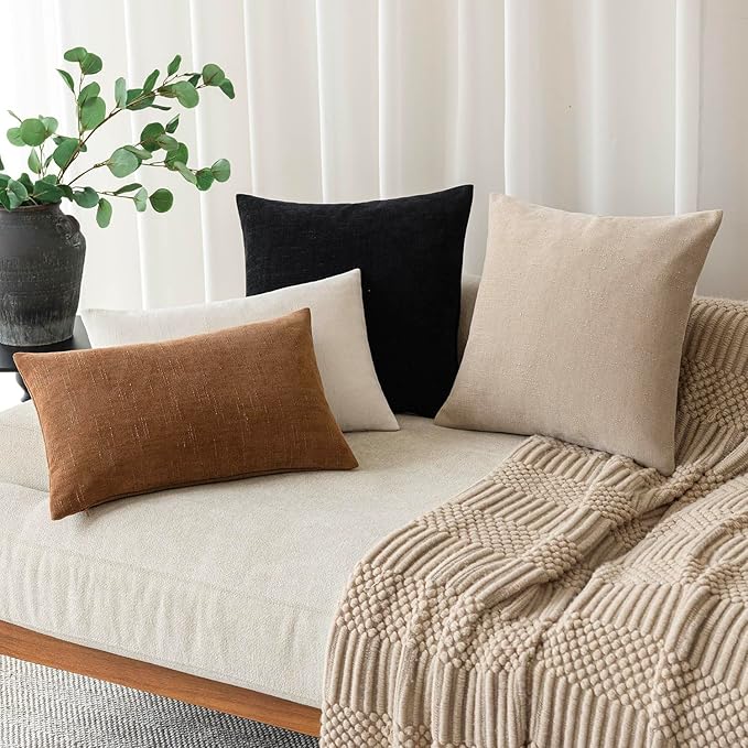Foindtower Pack of 2 Soft Textured Chenille Throw Decorative Pillow Covers Lumbar Accent Solid Cushion Cover Cozy Farmhouse Pillow Case with Zippe for Couch Sofa Bed Living Room 12x24 Inch, Bronze