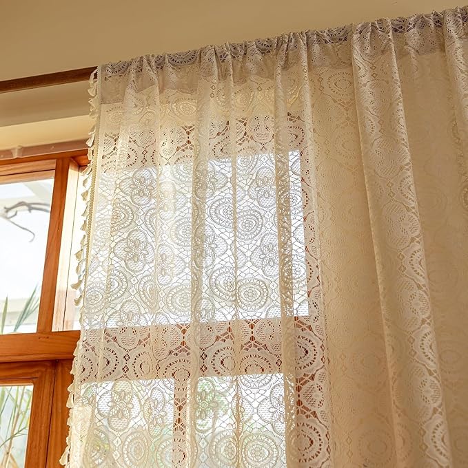 YJ YANJUN Boho Sheer Curtains 90 Inches Long 2 Panels Vintage Crochet Lace Curtains with Tassel for Living Room Bohemian Farmhouse Hollow Drapes for Glass Slide Patio Door Beige W59 x L90