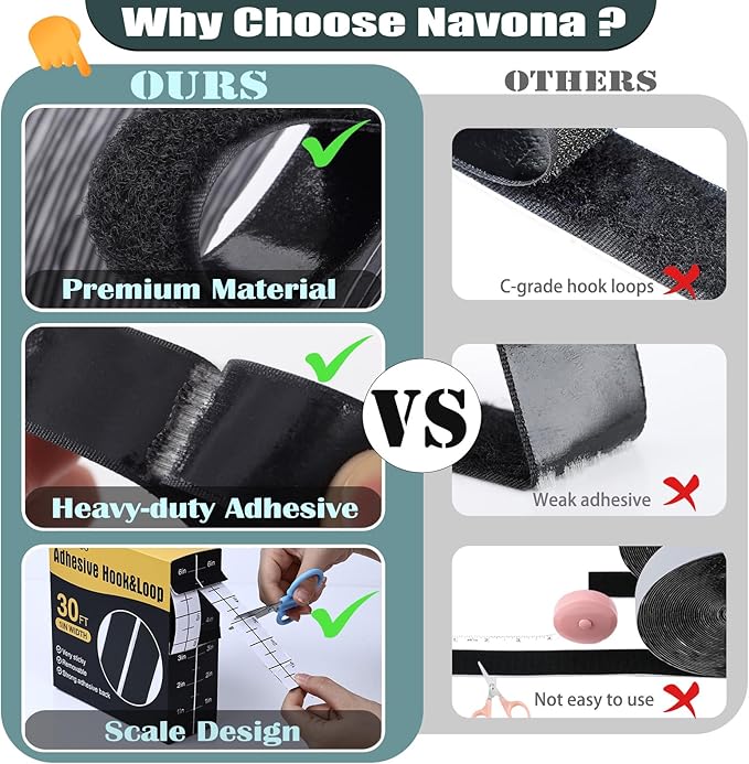 Navona 30Ft x 1 Inch Hook and Loop Strips with Adhesive โ 2 Rolls Heavy Duty Hook and Loop Tape with Backing for Home, Office, School, and Crafting Projects, Black