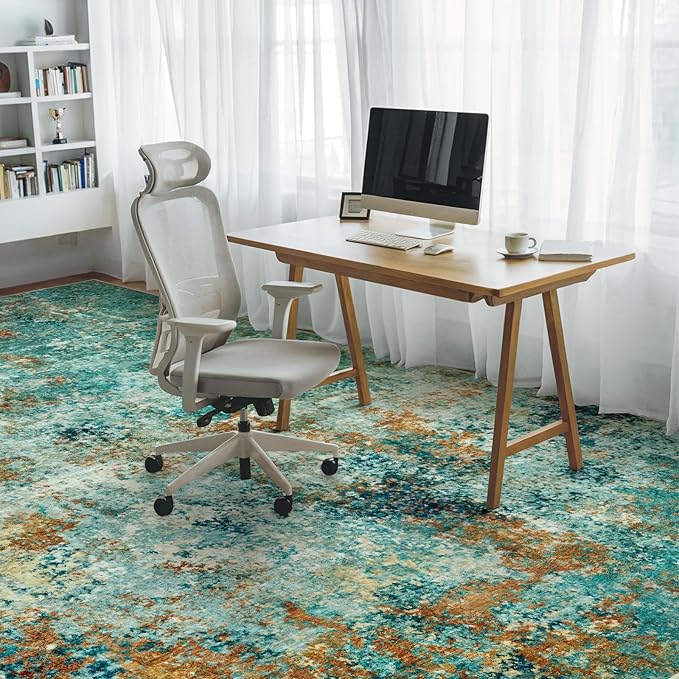 Washable Area Rugs for Living Room 8x10 - Large Neutral Modern Abstract Rug, Soft Low Pile Carpet with Non Slip Backing for Under Dining Room Table, Bedroom, Home, Office, Dorm - Teal Brick