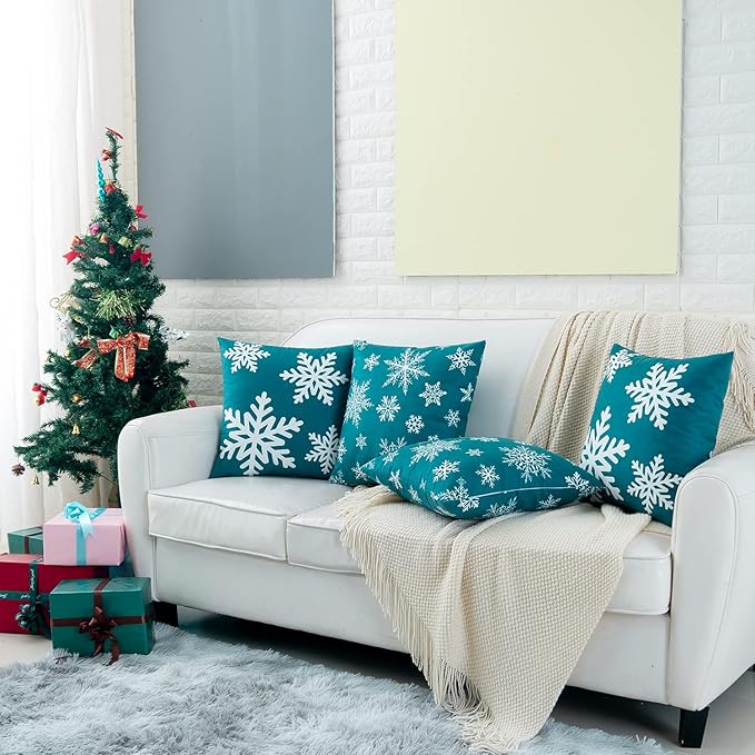 HWY 50 Teal Decorative Throw Pillow Covers 16x16 Inch for Couch Sofa Living Room Bed, Soft Square Throw Pillows Cases Cushion Cover with Christmas Snowflakes Print Pack of 2