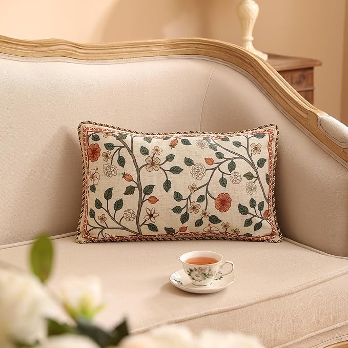 ISAENNE Design Linen Classic Throw Pillow Covers 12"x20", French Farmhouse Rectangle Cushion Covers with Orange White Floral Pattern Decor Pillowcases for Bed,Living Room,Outdoor,Car