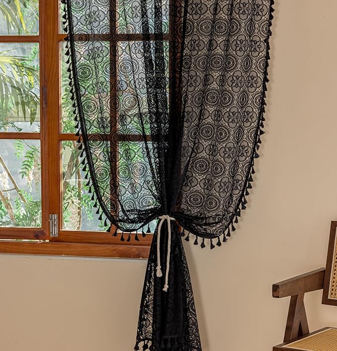 Black Lace Curtains 72 inches Long 2 Panels Boho Tassel Sheer Black Curtains Vintage Trellis Floral Motifs Goth Curtains for Living Room Dining Room Gothic Victorian Décor 6 FT W59 x L72 Black