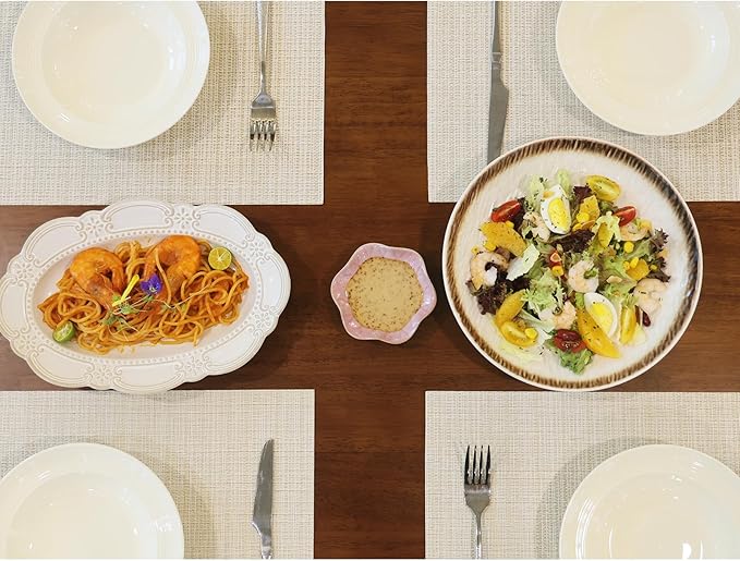 AHHFSMEI Placemats for Dining Table Set of 6 Woven Vinyl Plastic Place Mats Non-Slip Heat Insulation Stain Resistant Table Mats Washable Easy Clean Placemats (Multi Beige)
