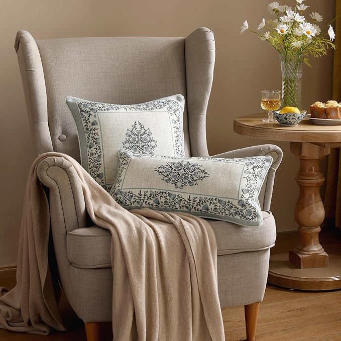 ISAENNE Design Linen Rectangle Throw Pillow Covers 12"x20" Pack of 2, Cottage Farmhouse Cushion Covers with Blue Grey Thorn Vine Pattern Decoration Pillowcases for Bed, Living Room, Outdoor, Car