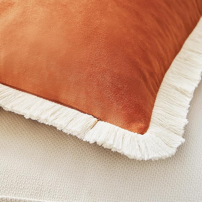 MONDAY MOOSE Decorative Throw Pillow Covers Cushion Cases, Set of 2 Soft Velvet Modern Fringe Tassel Designs, Mix and Match for Home Decor, Pillow Inserts Not Included (Orange, 18x18 inch)
