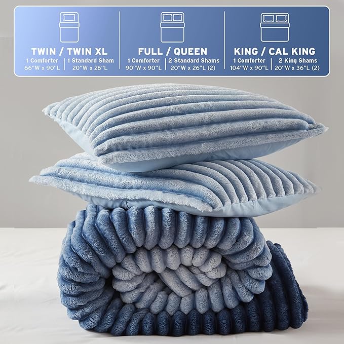 Intelligent Design Twin Comforter Set, Plush Bedding, Microfiber Reverse, 2 Piece, Lightweight, Super Soft Ribbed Velvet Comforter 1 Sham, All Season Fluffy Bed Set, Avril, Twin/Twin XL Blue Ombre