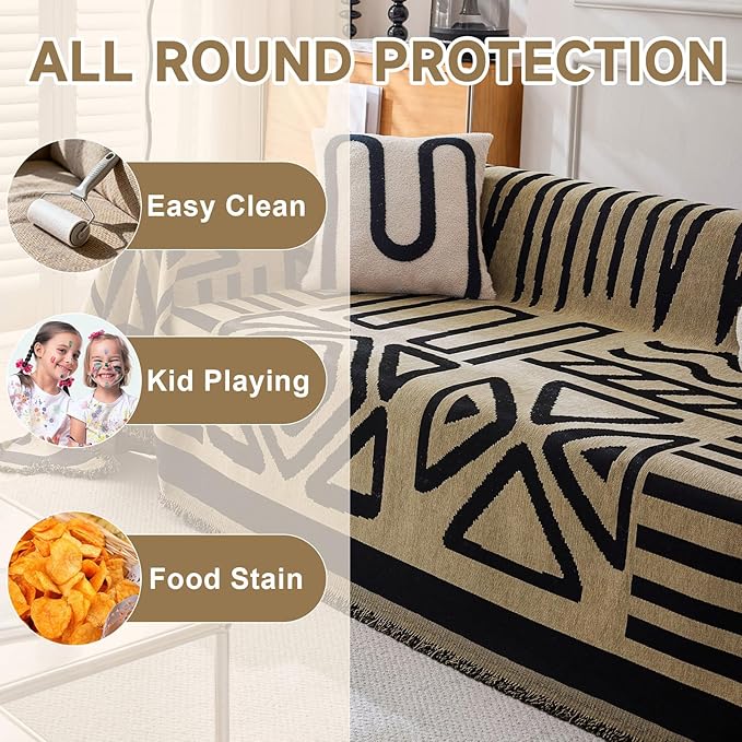 VClife Boho Couch Cover for 3 Cushion Couch Chenille Sofa Cover for Sectional Sofa, Modern Camel Sofa Slipcover Washable Couch Covers for L-Shape Sofa Reversible Sofa Protector 71''x134''