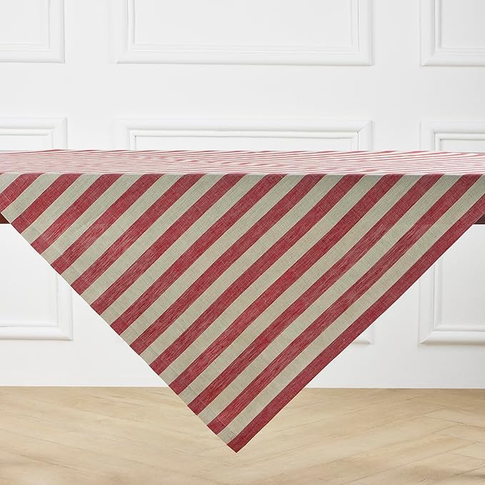 Solino Home Linen Square Tablecloth 52 x 52 Inch - Sorrento Stripe, 100% Pure Linen Red and Natural Table Throw - Machine Washable Tablecloth for Fall, Autumn, Thanksgiving, Christmas