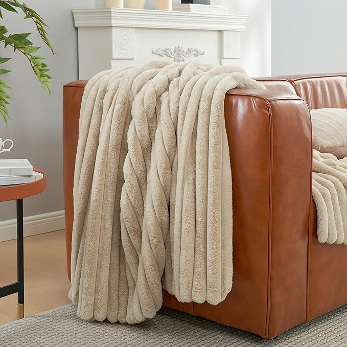 Amélie Home Faux Fur Throw Blanket for Couch, Cozy Fuzzy Fluffy Fur Luxurious Soft Striped Plush Gift Blankets for Family Sofa Chair, 60"x80", Beige