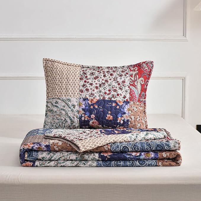 DURLENGEN Floral Quilt Set Queen Size 3Pcs, Bohemian Floral Plaid Styling Bedspread, All Season Lightweight Coverlet Sets(Queen 90x96, Navy Floral Plaid)