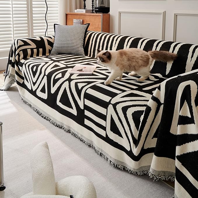 VClife Boho Couch Cover for 3 Cushion Couch Chenille Sofa Cover for Sectional Sofa, Modern Black Sofa Slipcover Washable Couch Covers for L-Shape Sofa Reversible Sofa Protector 71''x134''