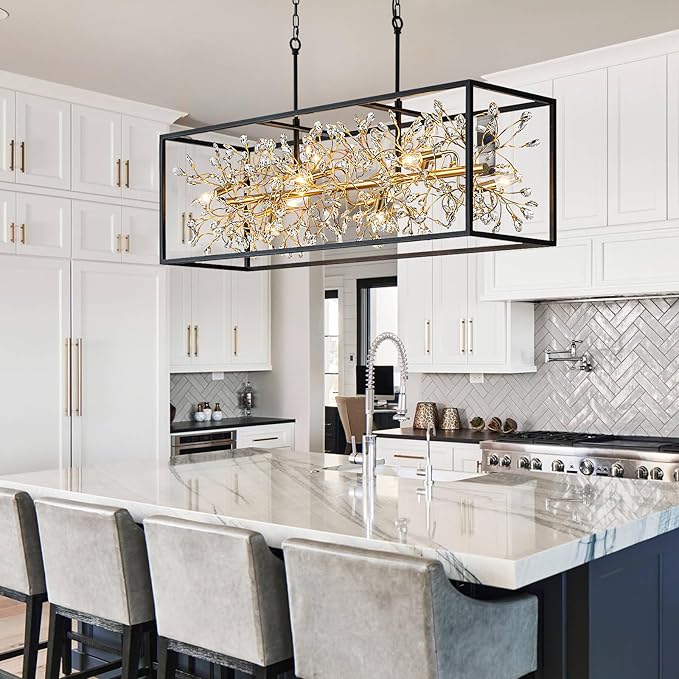 Vezzio Black and Gold Chandelier, 10-Light Rectangle Crystal Chandeliers Rectangular Modern Luxury Pendant Light Fixture for Dining Room Large Kitchen Island, L48 Inch