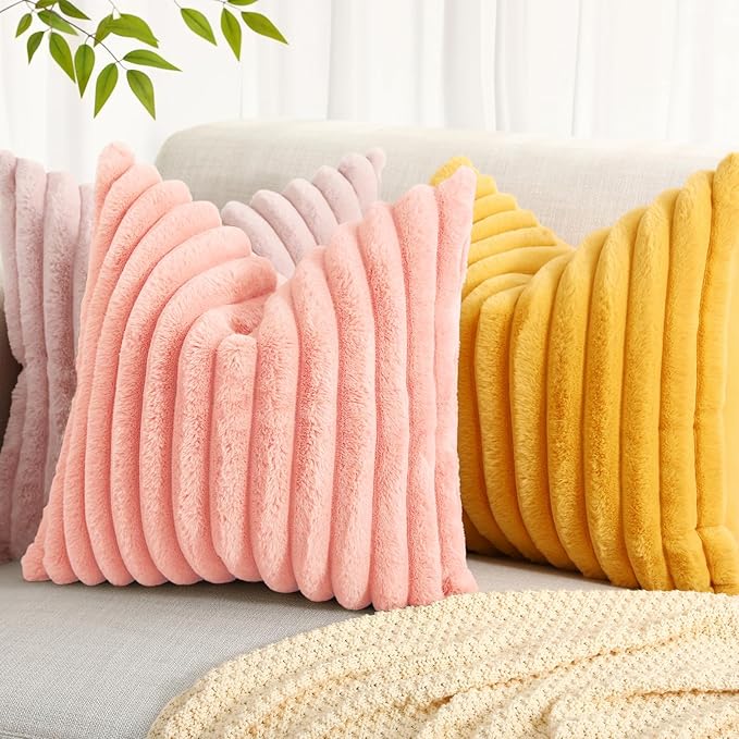 decorUhome Faux Fur Christmas Throw Pillow Covers 26x26 Set of 2, Decorative Soft Plush Striped Neutral Couch Euro Pillow Covers with Velvet Back for Sofa, Bed, Living Room Home Decor, Blush Pink