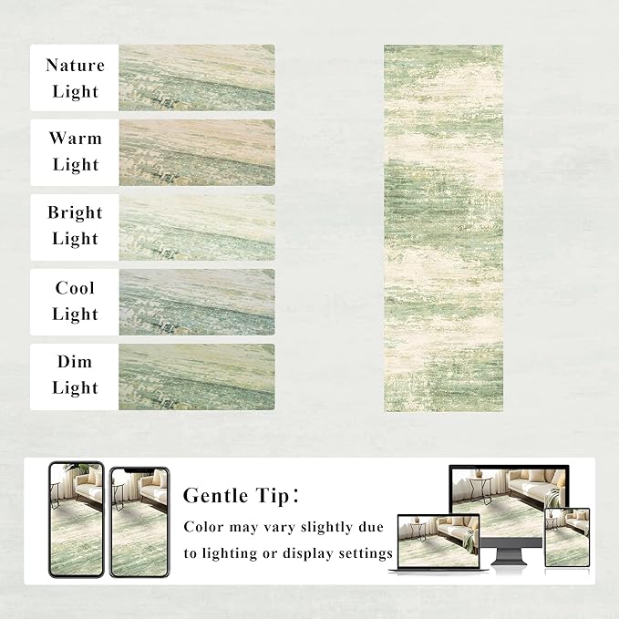 2.6x8 Modern Abstract Rug Washable Area Rugs for Living Room Bedroom Dining Room Non-Slip Low Pile Neutral Large Rug Soft Indoor Floor Carpet, Green
