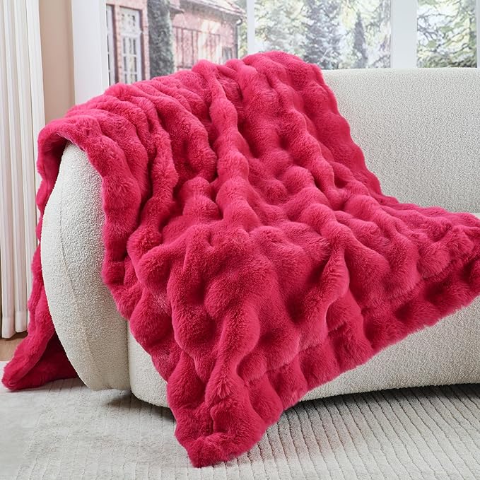 Krifey Hot Pink Bubble Blanket for Women, Soft Cloud Touch Throw for Dorm Bed, Cozy Fuzzy Plush Thick Warm Blanket, Faux Rabbit Fleece, Christmas Birthday Gifts for her Girls Mom, Room Decor, 60x80in