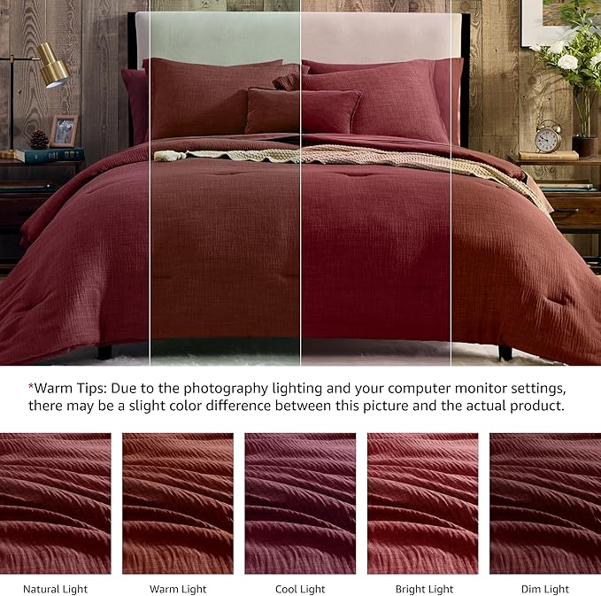 Geniospin Queen Comforter Set - 7 Pieces Comforter Queen Size, Solid Bedding Set for All Season, Dark Red Textured Bed in a Bag with Sheets