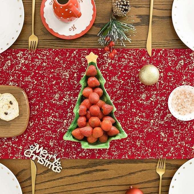 Artoid Mode Red Dutch Fleece Table Runner, Glitter Metallic Foil Holiday Kitchen Dining Table Decoration for Home Party Decor 13x108 Inch