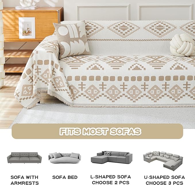 MEETSKY Boho Couch Cover Sofa Covers for Dogs,Decorative Soft Blend Washable Sofa Slipcovers Simply Put Sofa Throw Cover for Living Room, Khaki, 71" x 118"