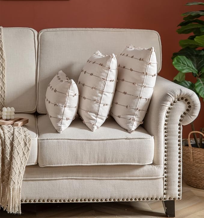 Caflife Boho Throw Pillow Covers 12x20 inches Beige and Natural, Set of 2 Modern Farmhouse Decorative Pillow Covers for Couch Bed, Living Room