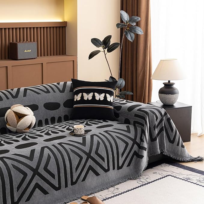 VClife Boho Couch Cover Soft Chenille Sofa Cover for Sofa Bed, 1 Piece XL Couch Covers for 3 Cushion Couch Sofa Washable Gray Black Jacquard Pattern Sofa Protector for Living Room 71''x134''