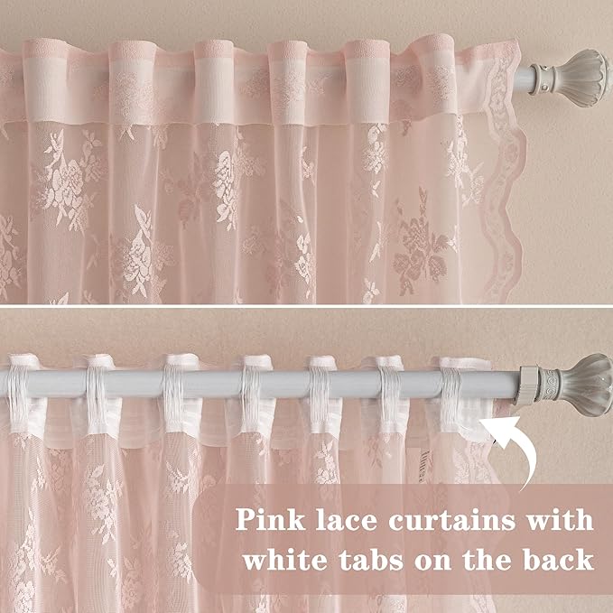 MEETSKY Pink Lace Curtains 45 Inch Length Vintage Victorian French Pretty Cute for Girls Room Light Filtering Privacy Protect Back Tab Rod Pocket Sheer Drapes, 50" Wx45 L, 2 Panels, Light Pink