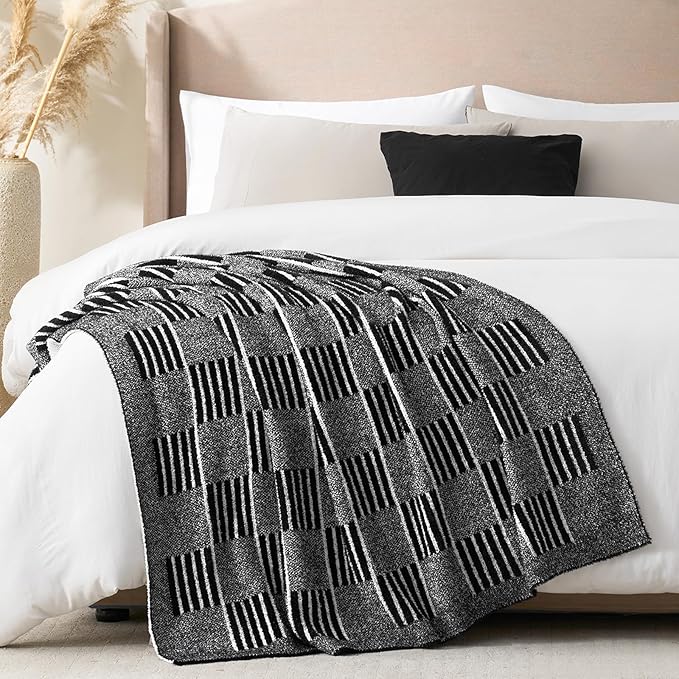 Snuggle Sac Checkered Throw Blanket, Black Fluffy Faux Fur Reversible Soft Microfiber Warm Throw Blankets for Couch,Sofa,Travel,Cozy Lightweight Striped Blankets for Women,Heather Black,50x60 inches