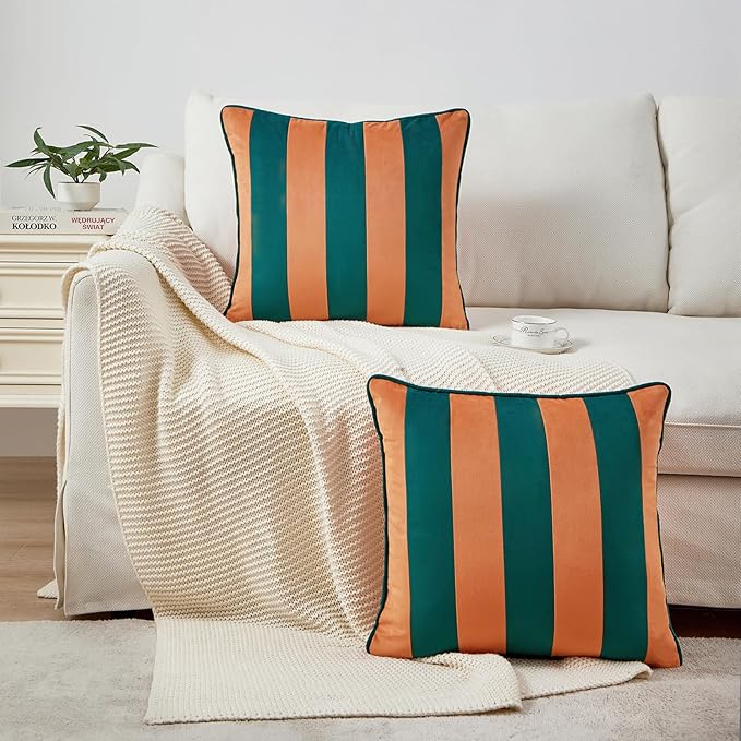 MONDAY MOOSE Decorative Throw Pillow Covers Cushion Cases, Set of 2 Soft Velvet Striped Piping Edge Designs, Pillow Inserts Not Included (Coral/Dark Teal, 18x18 inch)
