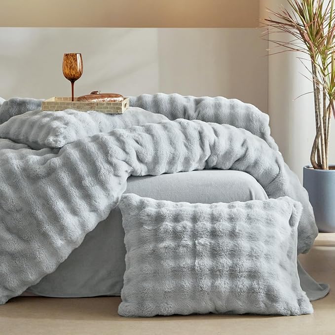 Tokokimo Fluffy Fleece Queen Size Duvet Cover Set, Ultra Soft Reversible Heavyweight Bedding Set, Extra Warm Winter Duvet Cover Set with 2 Pillow Cases, All Season Fuzzy Comforter Cover Set, Grey