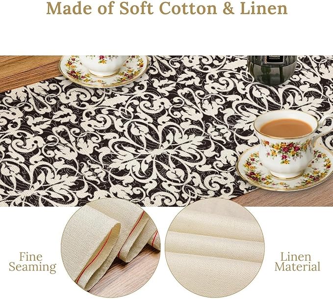 Black White Vintage Damask Table Runner Classic Retro Table Runner for Kitchen Dining Weddings Party Decor 13x60in
