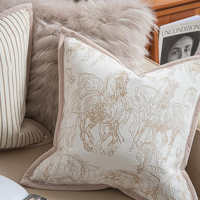 2025 New 18x18'' inches Throw Pillow Cushion Covers - Palace Horse with Edge Strip Chenille Jacquard Embroidery Luxury Modern Style Couch Sofa Bed Pillow Cover for Living Room Bedroom