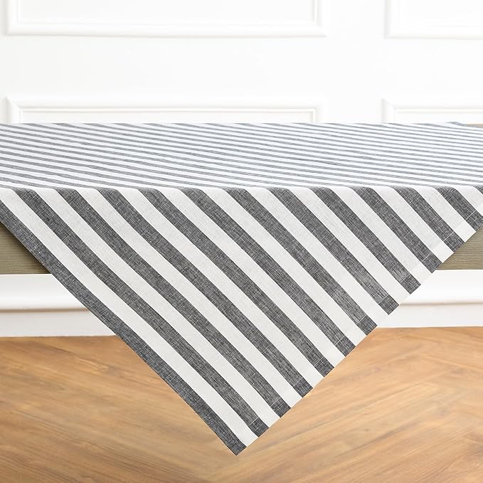 Solino Home Linen Square Tablecloth 52 x 52 Inch - Sorrento Stripe, 100% Pure Linen Black and White Table Throw - Machine Washable Tablecloth for Fall, Autumn