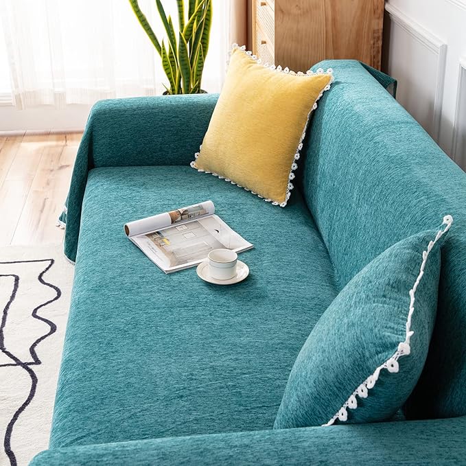 VClife Farmhouse Couch Cover for Sofa Soft Chenille Turquoise Sofa Cover Furniture Protector - Washable Home Sofa Slipcover for 3 Cushion Couch Sofa (71"X134") Gift for Christmas Thanksgiving Wedding