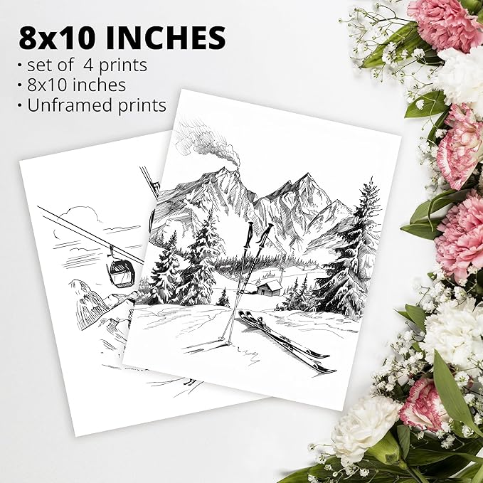 AEHIE Black and White Wall Ski Art Poster Prints for Home Bedroom Bedroom Living Room Office, Vintage Skiing Snowboard Winter Decor, Winter Snowy Mountain Landscape Wall Art Unframed 4pcs 8x10inch