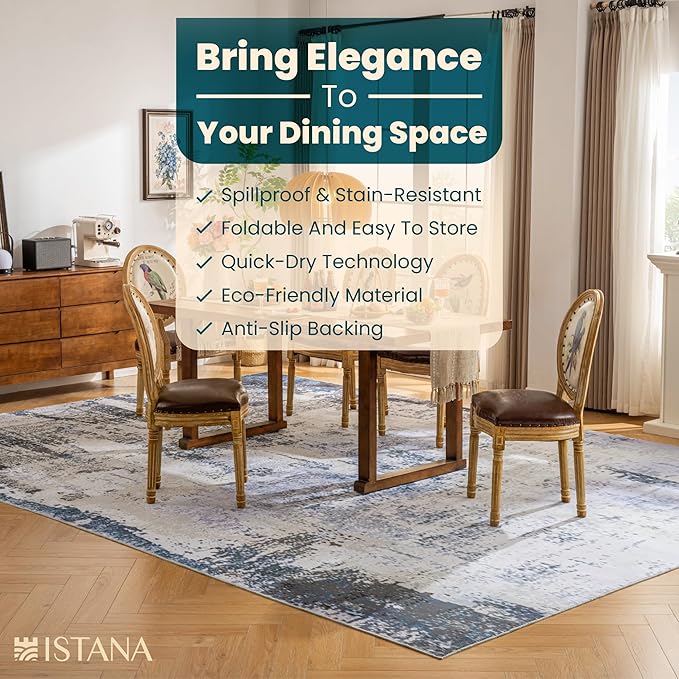 Istana Living Room Rug 10x14 - Grey Navy 10 x 14 Area Rug - Foldable Machine Washable Area Rugs 10x14 - Stylish 10x14 Area Rugs Boho - Stain Resistant Washable Rug 10x14