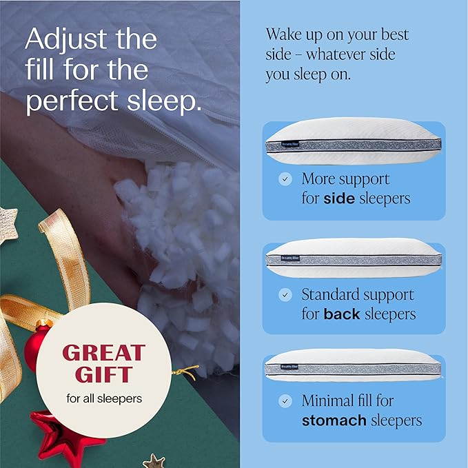 DreamyBlue Gusseted Sapphire Pillow β’ Adjustable Loft, Luxury Cover, Shredded Memory Foam Fill w/Cooling Beads β’ Ideal for Wide Shoulders β’ Neutral Alignment for All β’ CertiPUR-US Certified (Queen)
