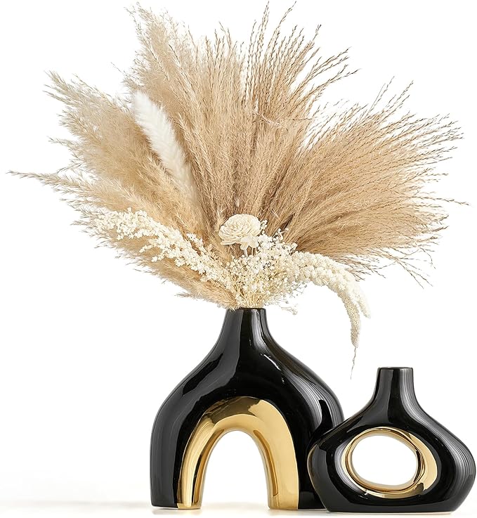 AWNR Black Vase Gold Decor: Set of 2 Ceramic Donut Vase for Home Decor Boho Rustic Vases for Flowers Unique Flower Vase for Living Room Bedroom Mantel Office Shelf Centerpiece Table Decorations