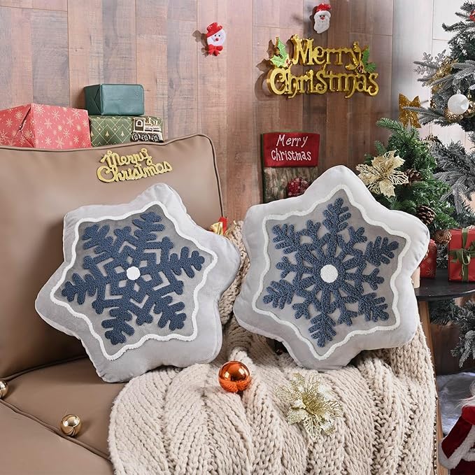 Lanpn Christmas Snowflake Pillows Set of 2, Christmas Decoration Winter Throw Pillows Decorative Throw Cushion for Sofa Living Room Bedroom Xmas Decor (17x17 inch, Grey)