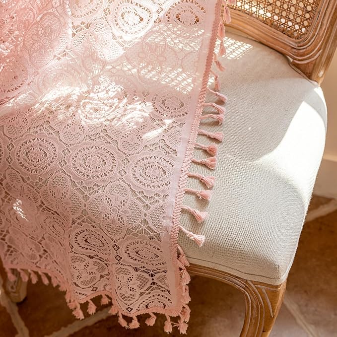 Light Pink Curtains for Girls Room 96 Inches Long 2 Panels Pretty Flower Crochet Lace Curtains with Tassel Light Filtering for Bedroom Nursery Living Room Princess Cute Boho Decor, 59x96, Pink