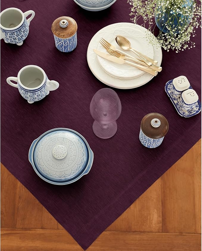 Solino Home Linen Tablecloth 52 x 52 Inch - 100% Pure Linen Square Table Throw - Athena, Machine Washable Chambray Burgundy Tablecloth for Fall, Autumn, Thanksgiving, Christmas, Holiday, Winter