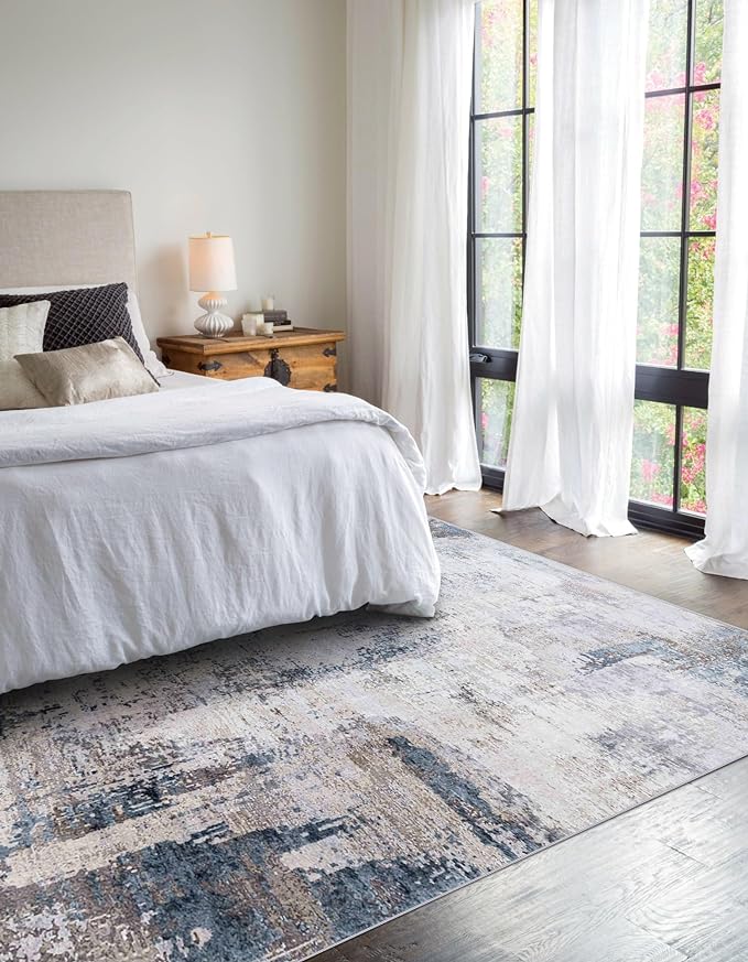 vivorug Washable Rug, Ultra Soft Area Rug 4x6, Non Slip Abstract Small Rug, Stain Resistant Rugs for Living Room Bedroom, Modern Fluffy (Gray/Navy, 4'x6')