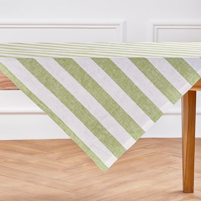 Solino Home Linen Tablecloth 52 x 52 Inch - Cabana Stripe, 100% Pure Linen Green and White Square Tablecloth - Machine Washable Table Throw