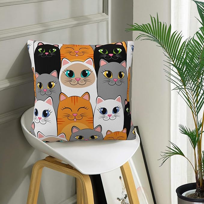 Kawaii Cute Cats Throw Pillow Cover Case Cartoon Cats Throw Pillows Set of 2 Super Soft Pillow Covers 18x18 Inches Farmhouse Home Decor for Living Room Bedroom Sofa Couch Cushion Cover