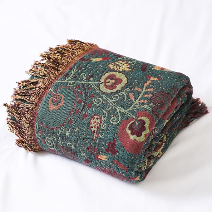 Boho Throw Blanket for Bed 100% Cotton Ultra Soft Rustic Quilt Farmhouse Decor Bed Fall Blanket,All Season Rustic Throw for Sofa Couch Chair (Flower-Dark Green, 90"×98")