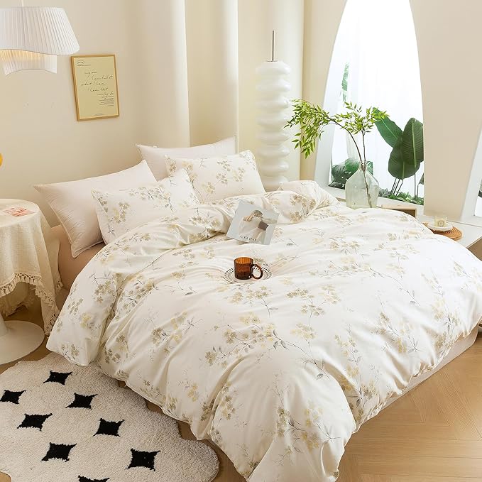 ECOCOTT Vintage Wash Painting Floral Duvet Cover Sets King Size,3 Pieces 100% Natural Cotton 1 Duvet Cover with Zipper and 2 Pillowcases, Ultra Soft and Easy Care Breathable Cozy Bedding Set