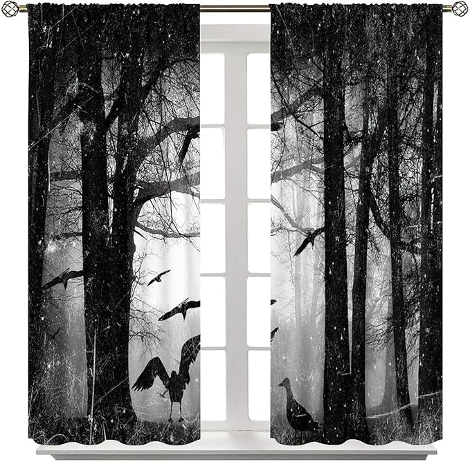 Gothic Forest Blackout Window Curtains, Halloween Style Foggy Forest Dead Trees Crow Print Curtains, for Bedroom Living Room 26(W)*84(L) 2 Panels