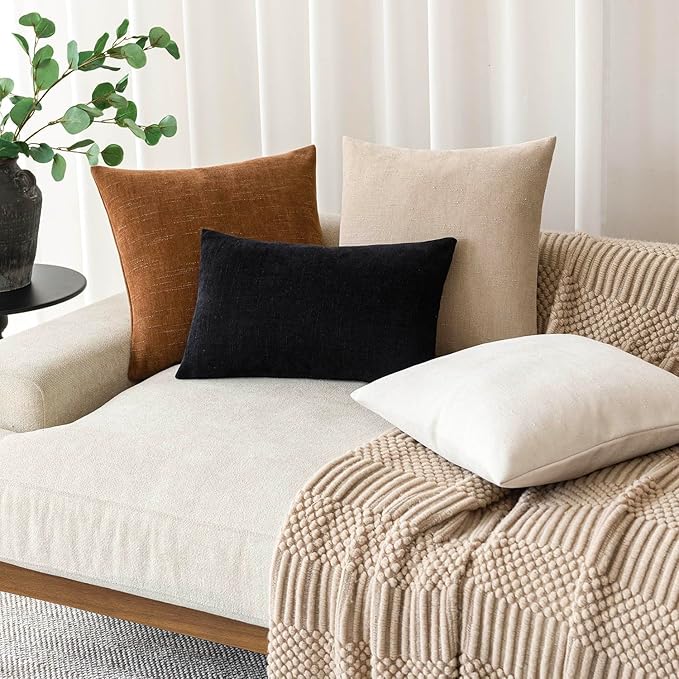 Foindtower Pack of 2 Soft Textured Throw Decorative Pillow Covers Lumbar Accent Solid Cushion Cover Cozy Farmhouse Pillow Case with Zipper for Couch Sofa Bedroom Living Room 12x20 Inch, Black