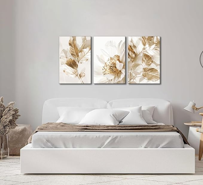 3 Pcs Modern White Floral Golden Leaves Canvas Wall Art Neutral Boho Beige Botanical Painting Pictures Nordic Wall Decor Posters Print Artwork for Bedroom Living room Office Home Decoration