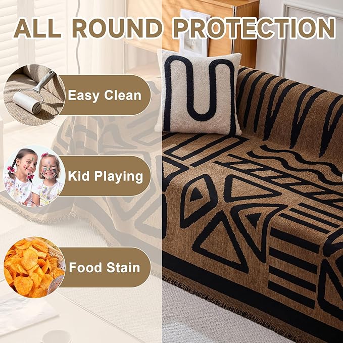 VClife Boho Couch Cover Thick Soft Chenille Sofa Covers for Sectional Couch, Bohemian Pumpkin Couch Covers for 3 Cushion Couch Sofa Washable Multi-Functional Furniture Protector, 71''x150''
