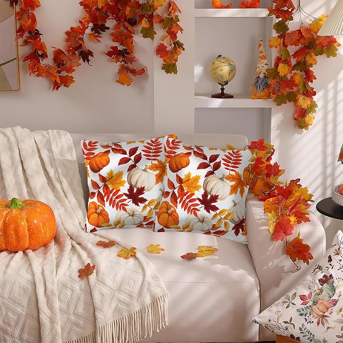 Fall Pillow Covers 18X18 Set of 2, Fall Pumpkins Maple Leaves Decorative Throw Pillow Covers, Autumn Thanksgiving Harvest Pillow Cover Pillowcase Cushion Case for Home Sofa Couch Indoor Outdoor